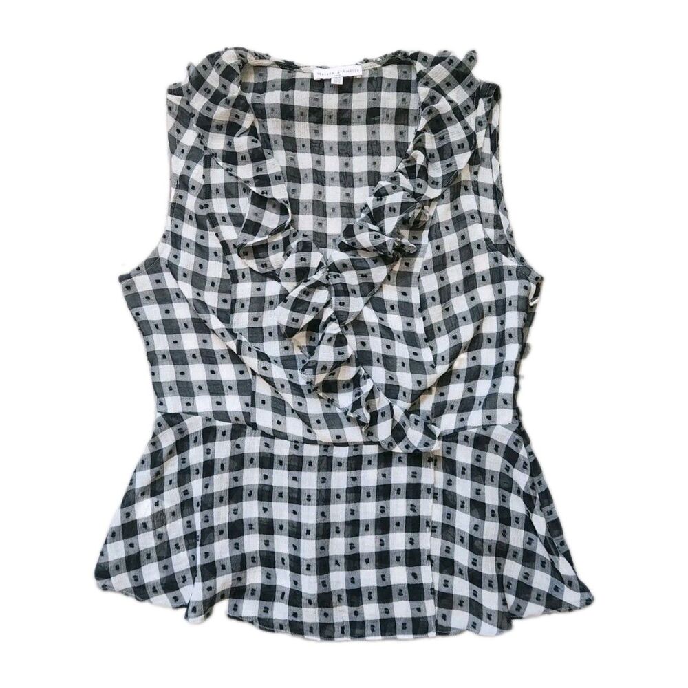Maison D'Amelie Paris Gingham Faux Wrap Blouse Ruffle Sleeveless Sz M EUC